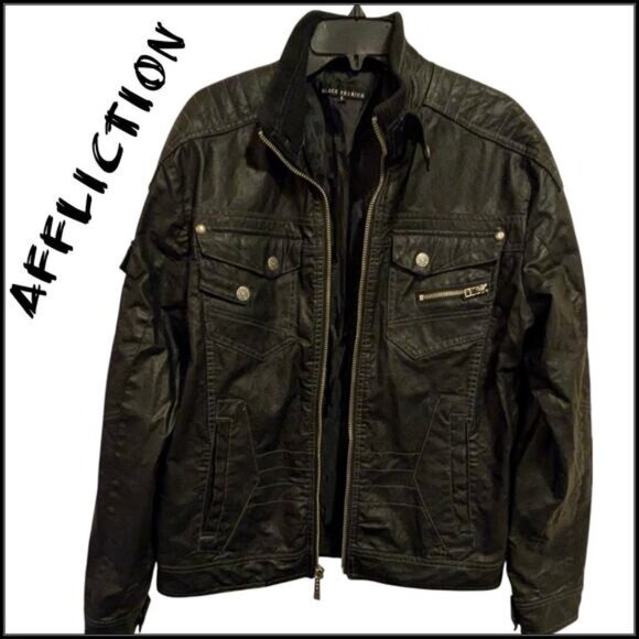 AFFLICTION Black Premium 73 Vegan Leather Zip Up Moto Jacket Zipper Pockets L - Picture 6 of 11